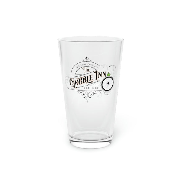 Custom Printed Wizarding Pub Pint Glass with Traditional Design featuring The Gobble Inn's Frog and Spider Web Logo